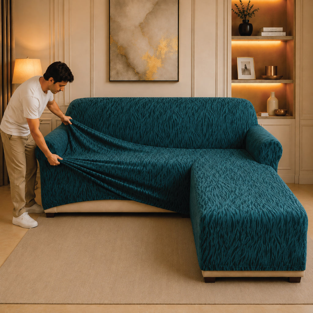 Zebra Velvet L Shape Fitted Sofa Cover - Zink