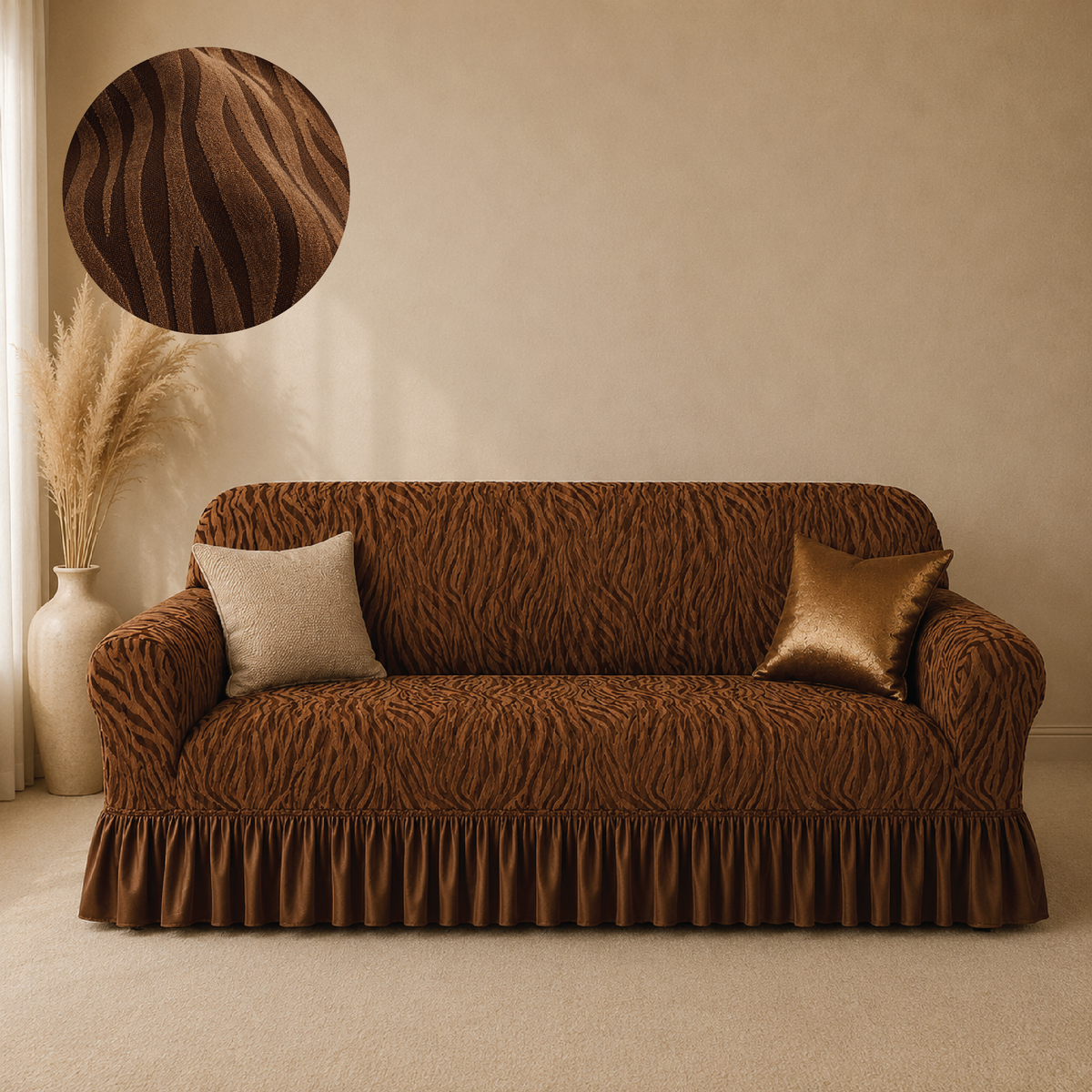 Zebra Velvet Frilled Sofa Cover - Brown