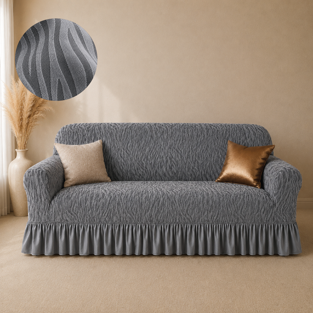 Zebra Velvet Frilled Sofa Cover - Grey