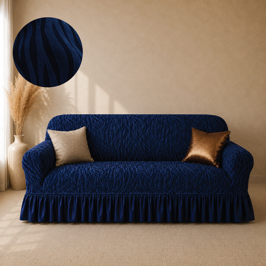 Zebra Velvet Frilled Sofa Cover - Blue