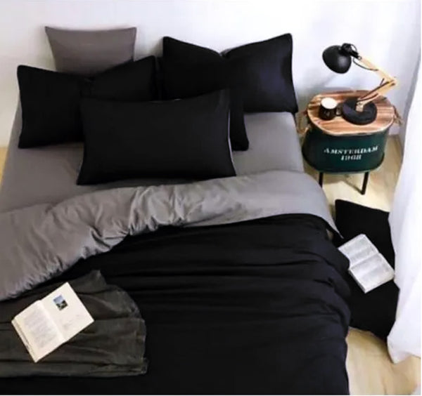 Black & Grey Reversible Solid Color Plain Quilt Cover Set