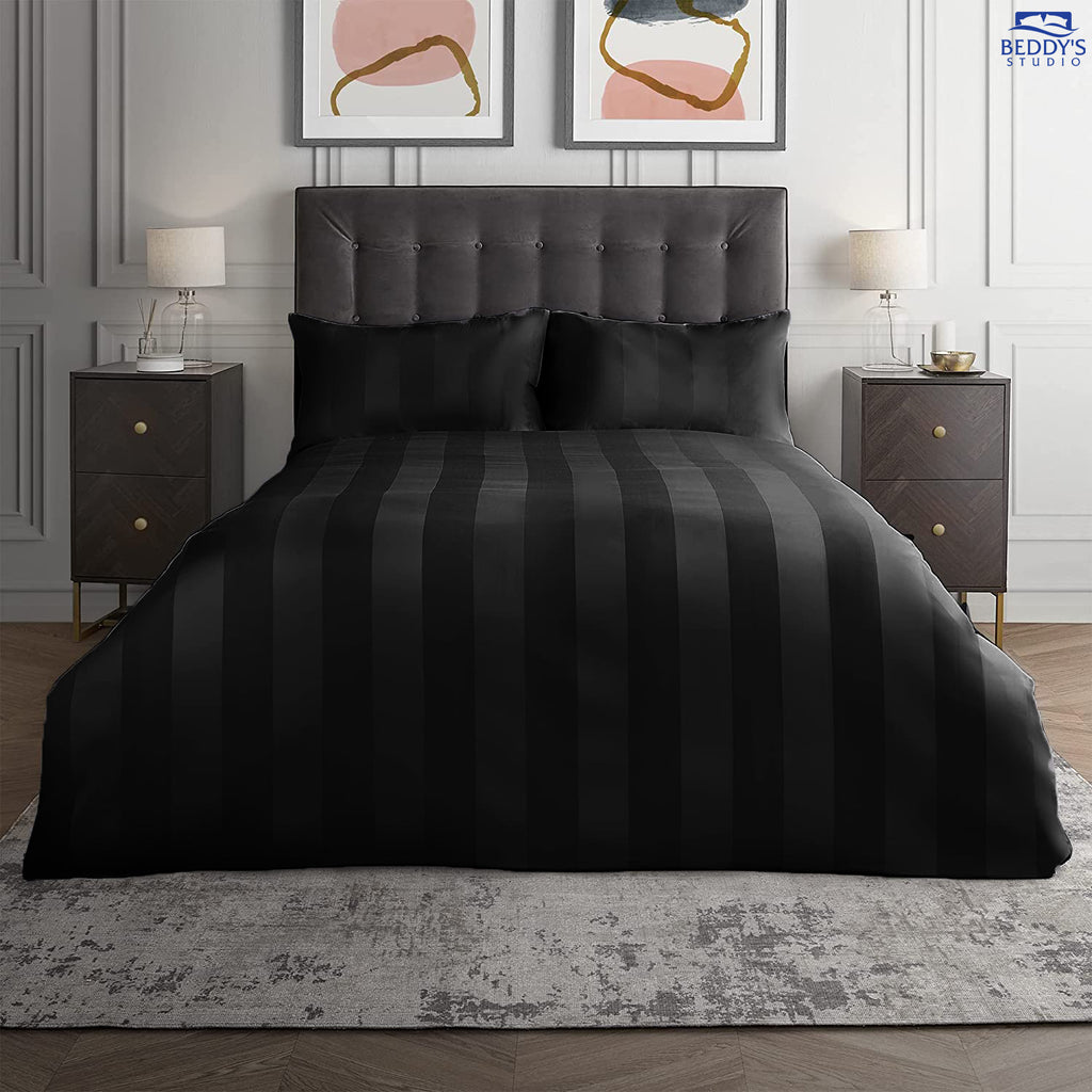 Luxury Onyx Black Satin Hotel Stripe Bedsheet Set