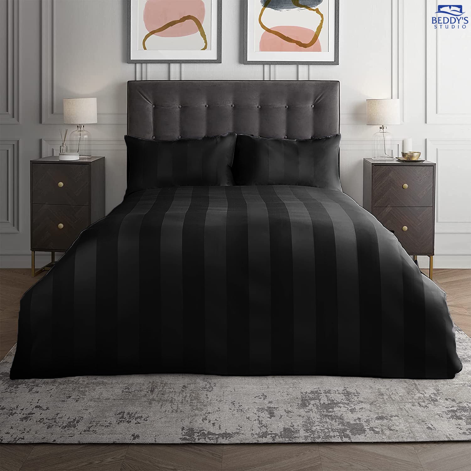 Luxury Onyx Black Satin Hotel Stripe Bedsheet Set