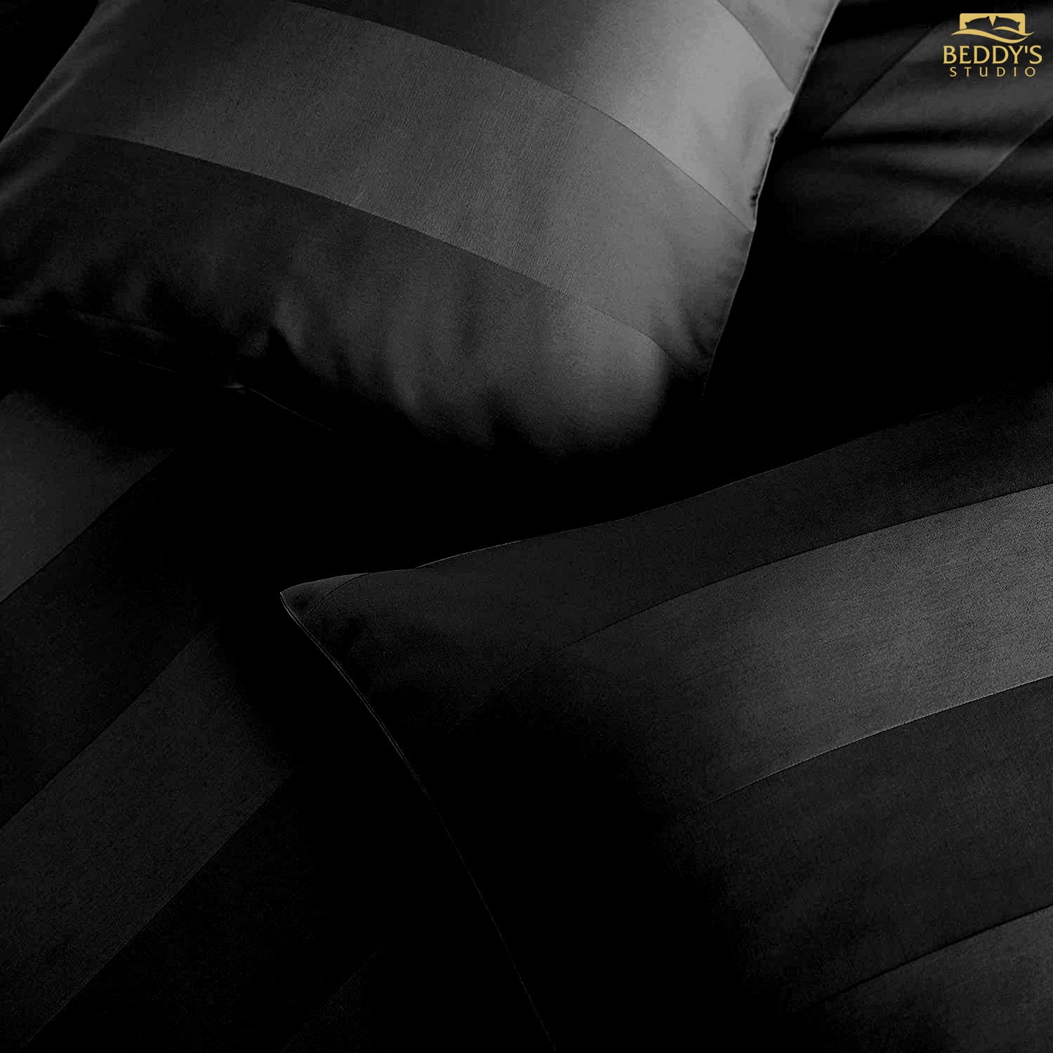 Luxury Onyx Black Satin Hotel Stripe Bedsheet Set