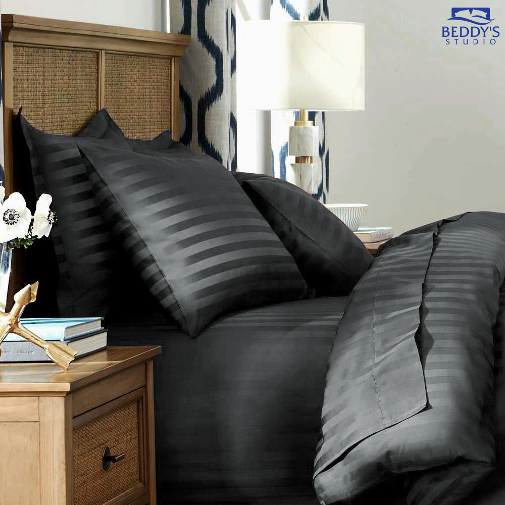 Deep Charcoal Black Vertical Hotel Stripe Bedsheet Set