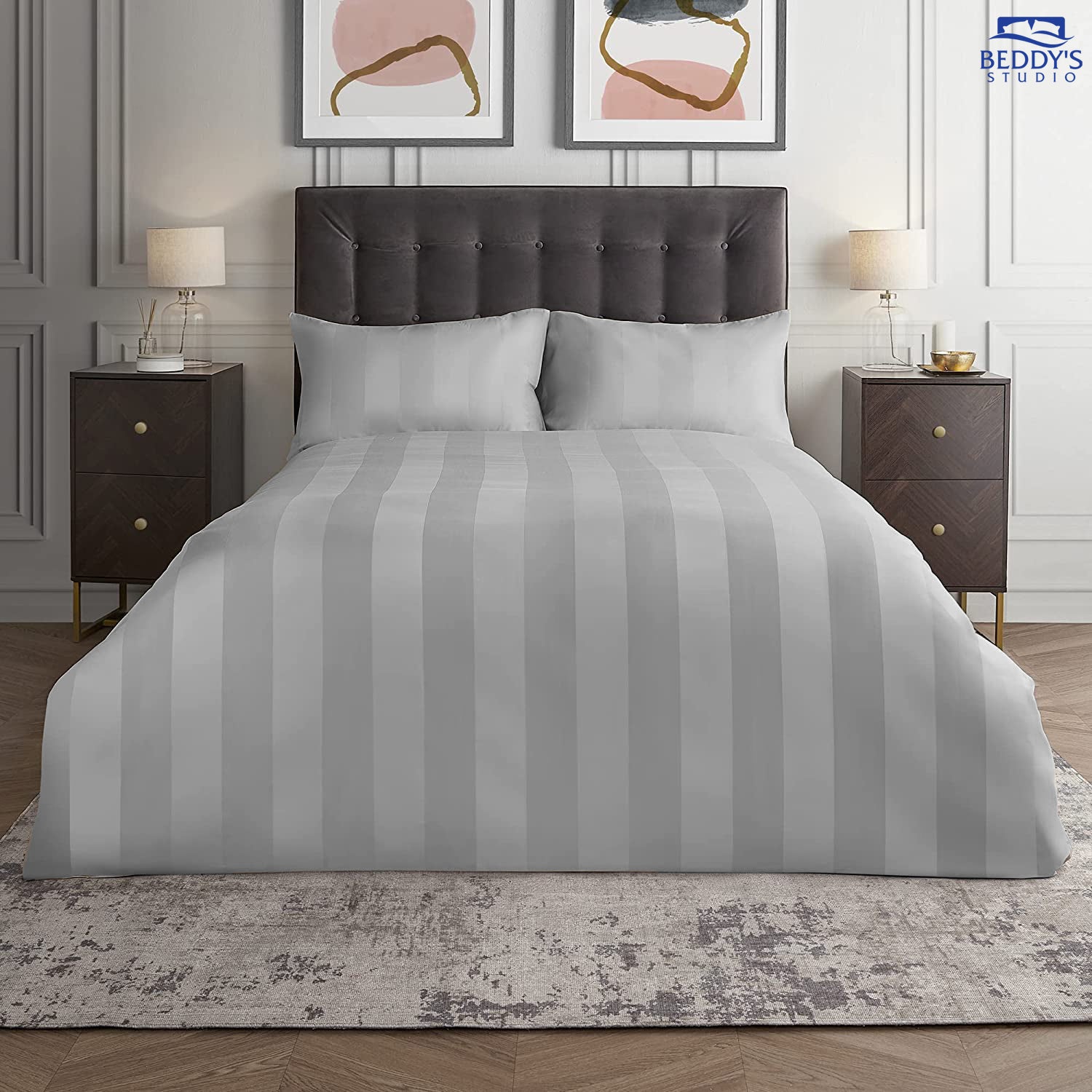 Soft Dove Grey Minimalist Hotel Stripe Bedsheet Set
