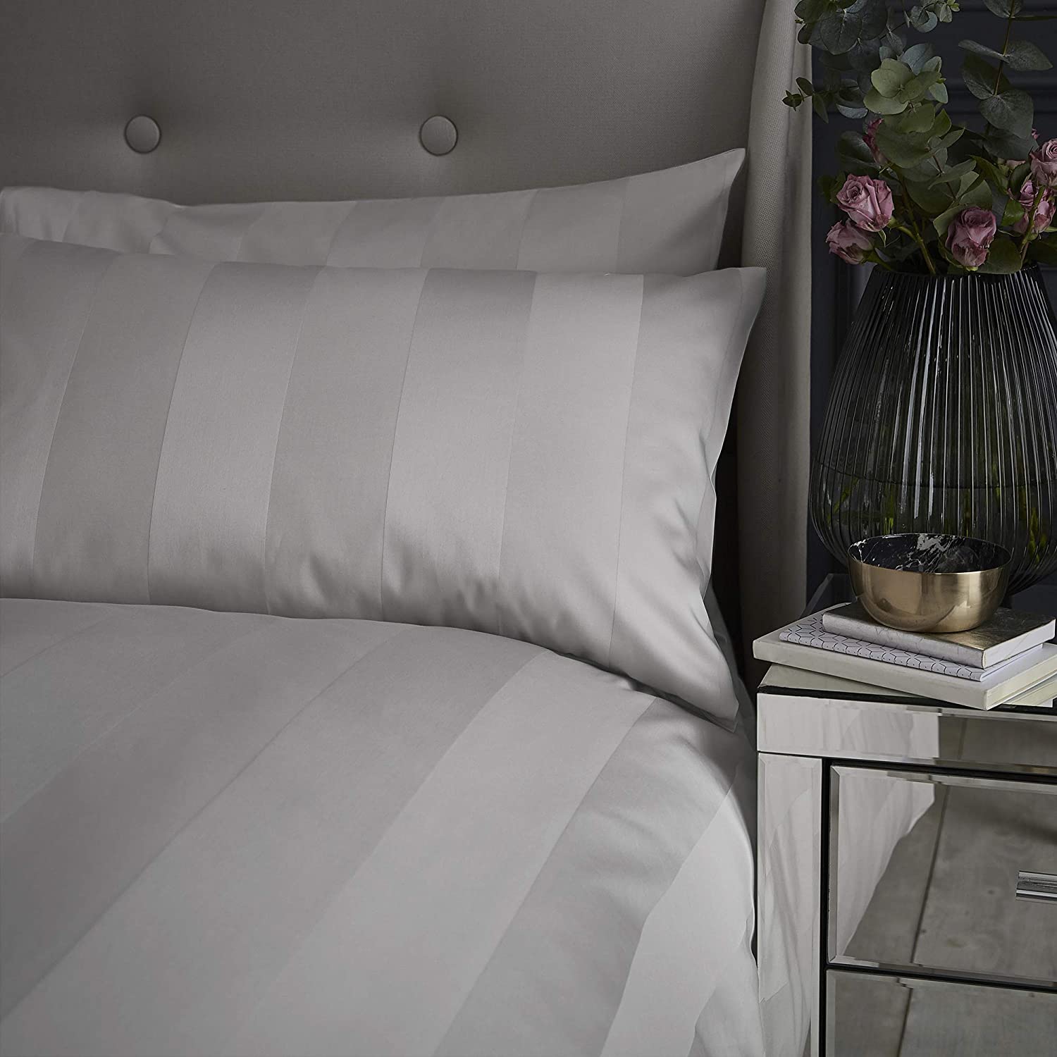 Soft Dove Grey Minimalist Hotel Stripe Bedsheet Set