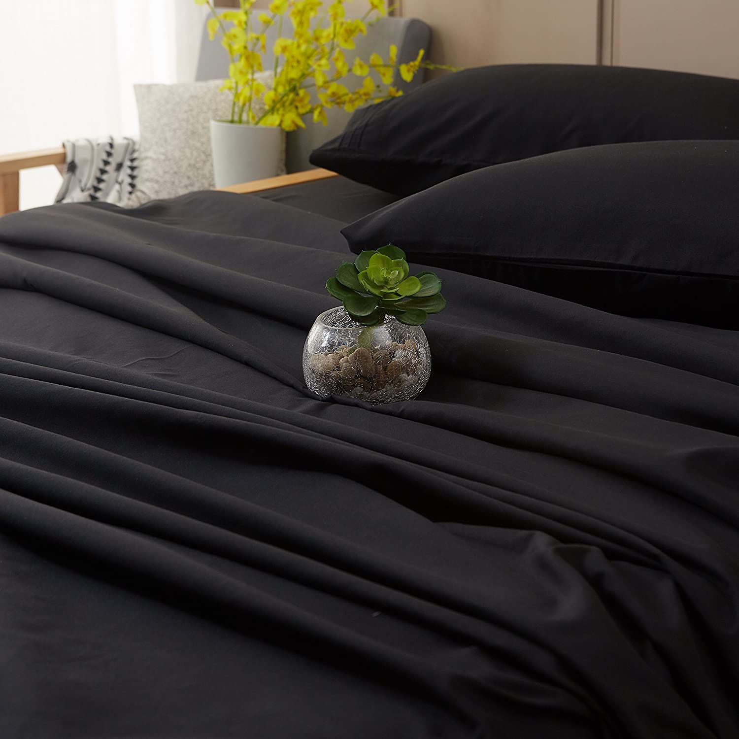 Pitch Black Classic Plain Solid Color Bed Sheet Set