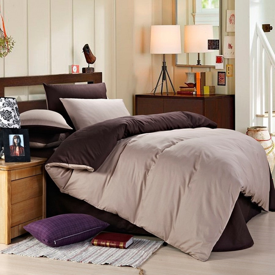 Pure Cotton Solid Reversible Beige Grey Plain Duvet Cover Set