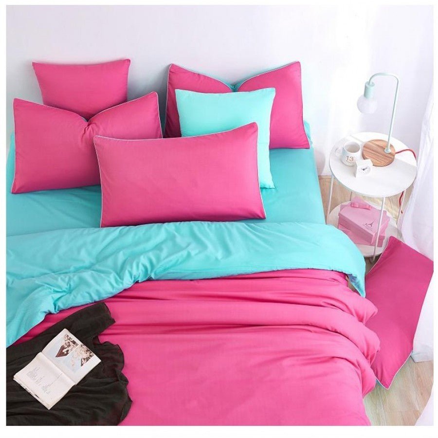Blue & Pink Pure Cotton Solid Reversible Plain Duvet Cover Set