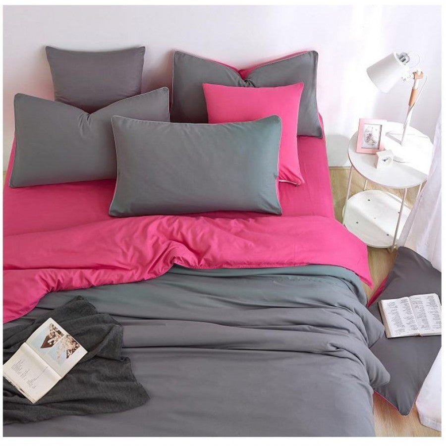 Pink & Grey Pure Cotton Solid Reversible Plain Duvet Cover Set