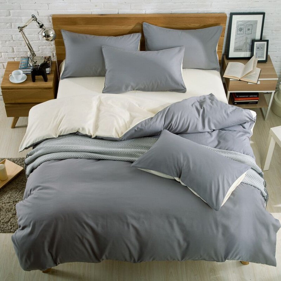 Pure Cotton Solid Reversible Gray Plain Duvet Cover Set