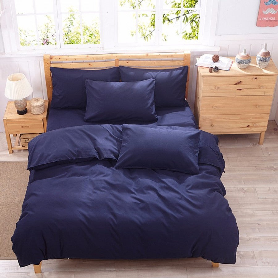 Deep Blue Pure Cotton Solid Reversible Plain Duvet Cover Set