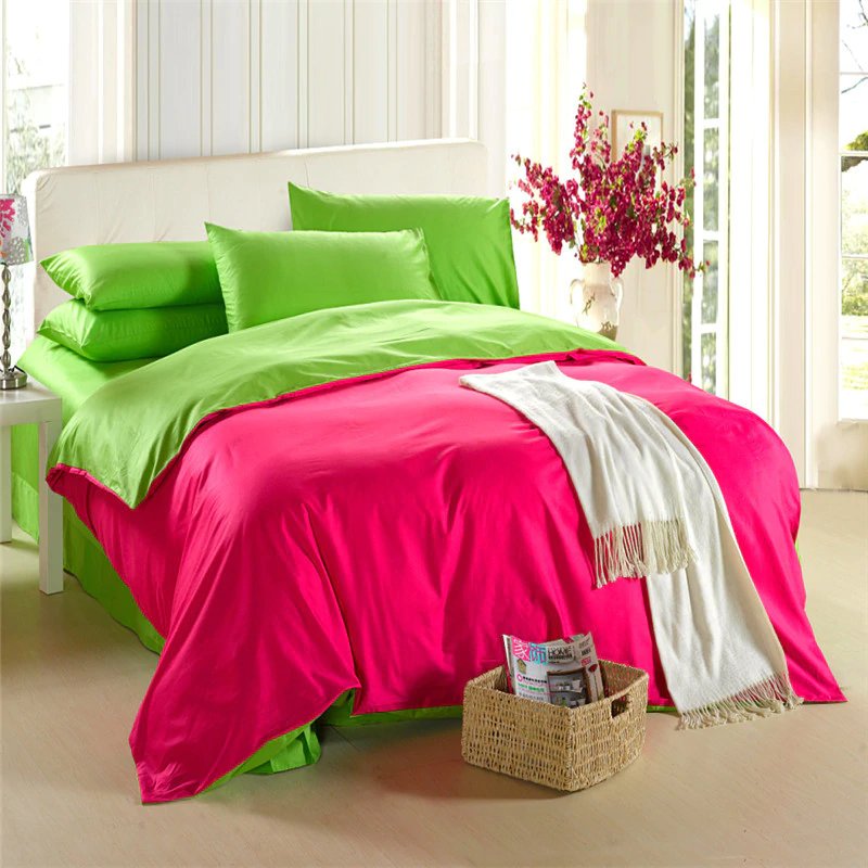 Green & Deep Pink Solid Color Plain Duvet Cover Set