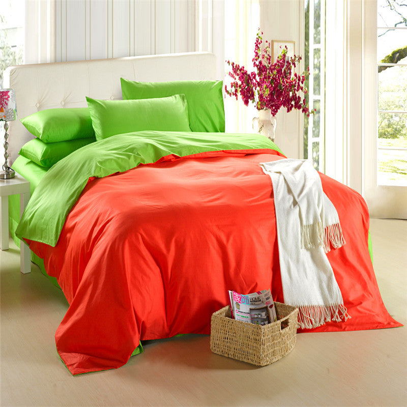 Deep Green & Orange Solid Color Plain Duvet Cover Set
