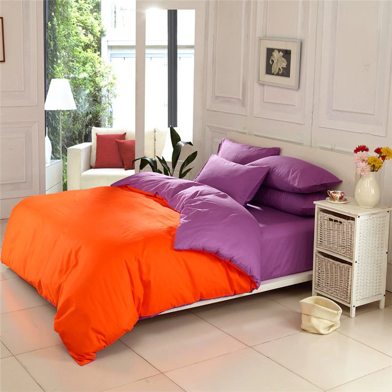 Purple & Orange Solid Color Plain Duvet Cover Set