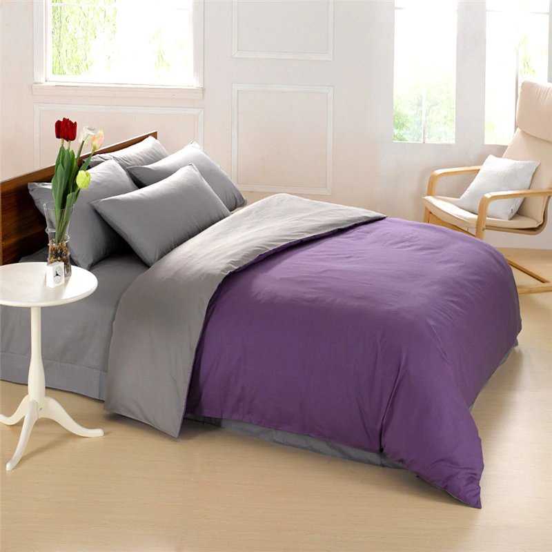 Purple & Grey Solid Color Plain Duvet Cover Set