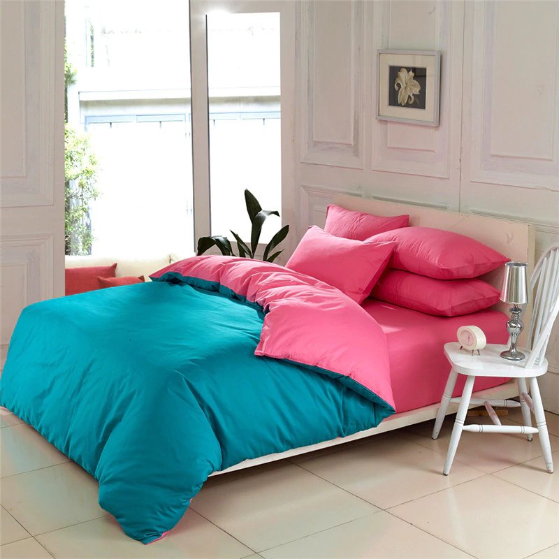 Pink & Blue Solid Color Plain Duvet Cover Set