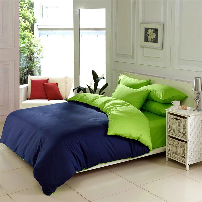 Green & Deep navy Solid Color Plain Duvet Cover Set