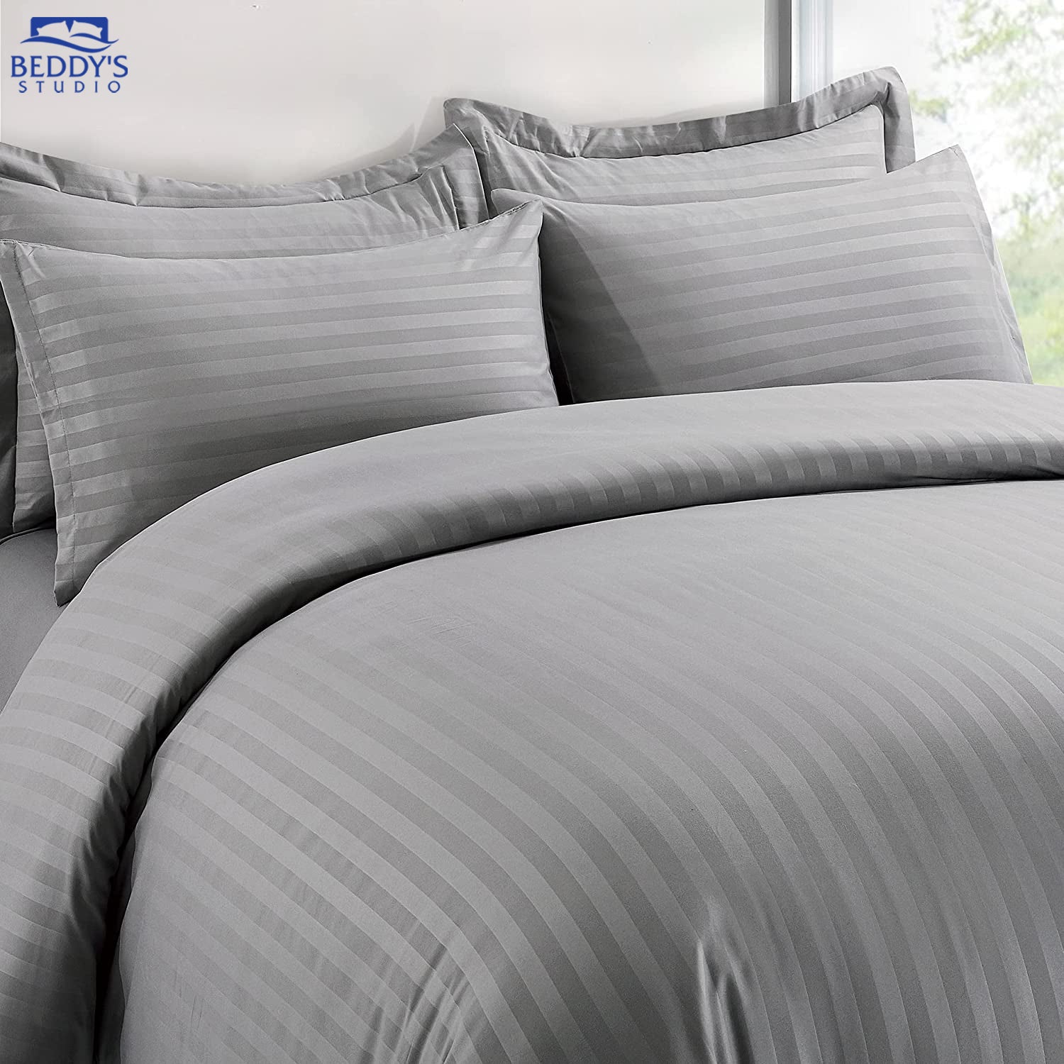 Cool Light Grey Premium Hotel Stripe Bedsheet Set